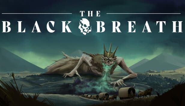 The Black Breath cover art: a crowned skeletal giant looms over a caravan of covered wagons crossing a misty valley.