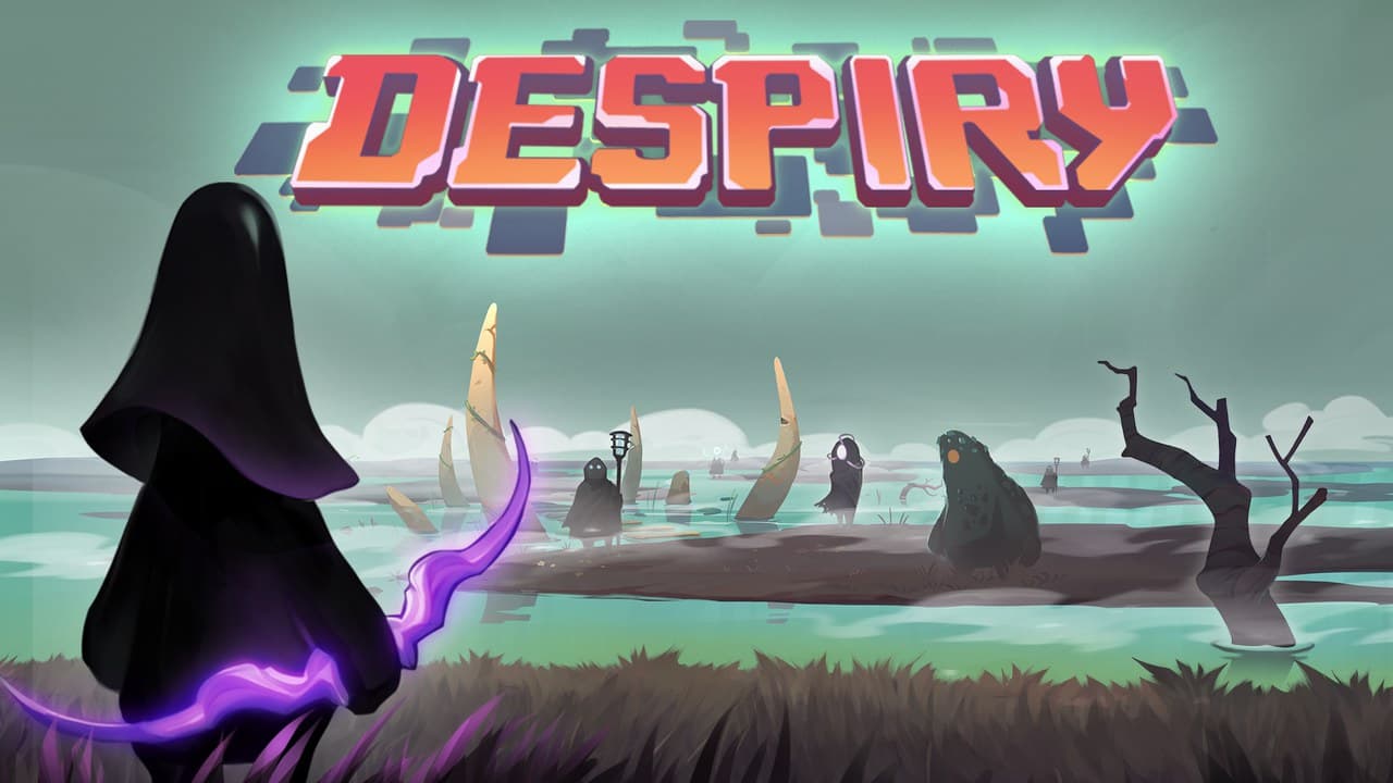 Despiry key art: a hooded figure with a glowing purple scythe looking out over a misty marsh, the game's title above.